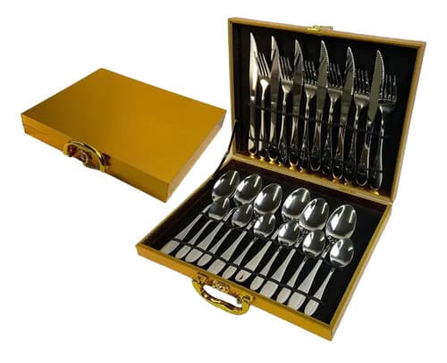 Conjunto 24 Peças Talheres Inox Com Maleta Dourada Cinza