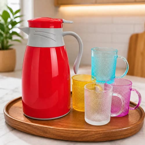 Conjunto Garrafa Térmica 190ml E 4 Canecas Vidros - Vermelha Vermelho